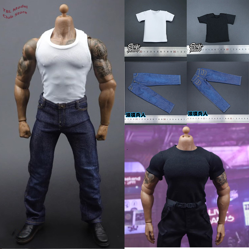 Men'S Accessories For Jeans - กางเกงยีนส์สีน้ำเงินทหารแข็งแรง1/6คนกางเกงต่อสู้ SKM009รัดรูป SKM010ตุ๊กตาเสื้อยืดสั้นสำหรับ AT027หุ่น